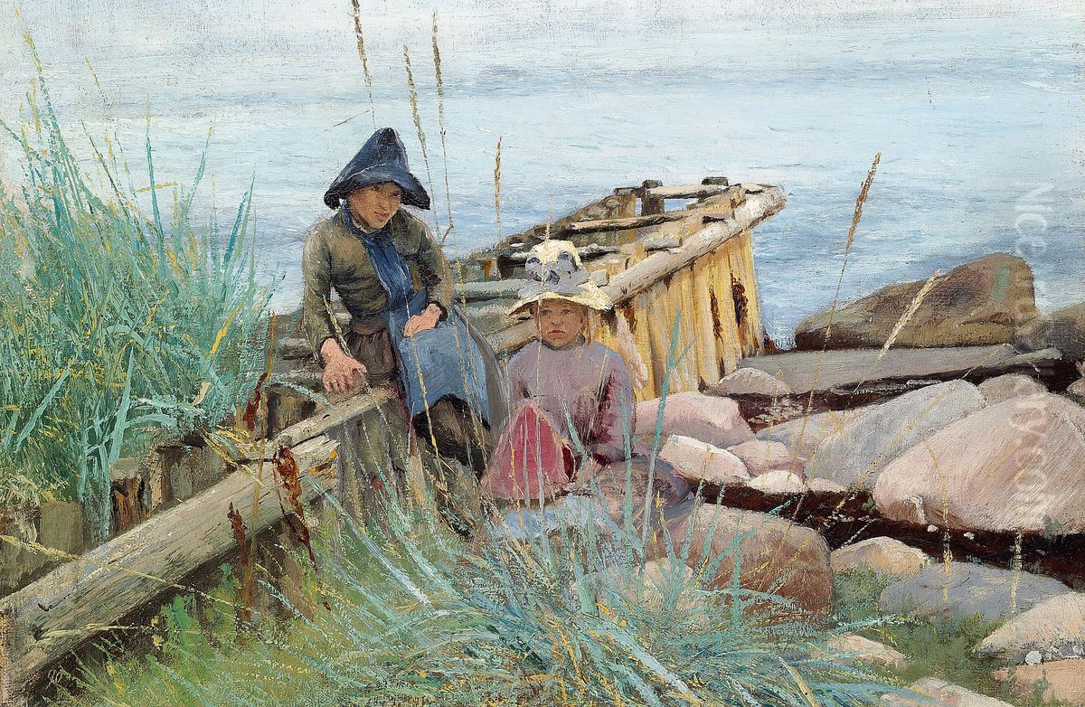 Smapiger ved stranden. Hornbaek Oil Painting by Laurits Andersen Ring