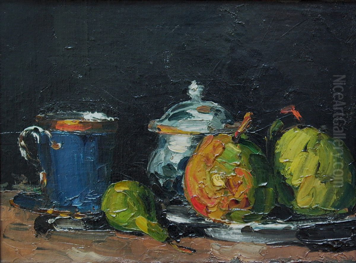 Sucrier, poires et tasse bleue Oil Painting by Paul Cezanne