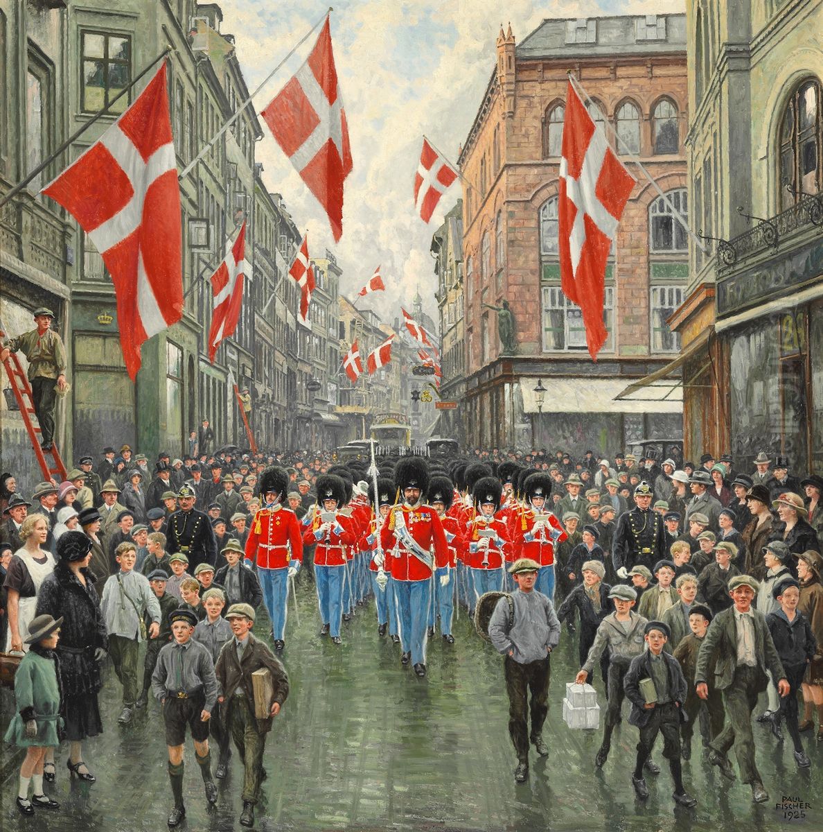 The King's birthday. The Royal Guard in red gala in Ostergade. Oil Painting by Paul Gustav Fischer