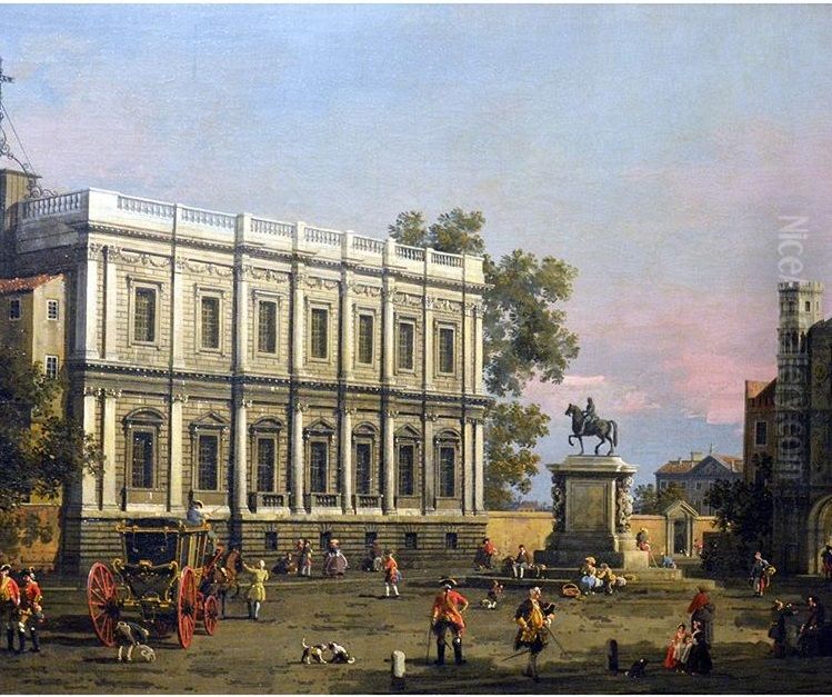 The Banqueting House and the Holbein Gate, Whitehall, with the Equestrian Statue of King Charles I Oil Painting by Canaletto