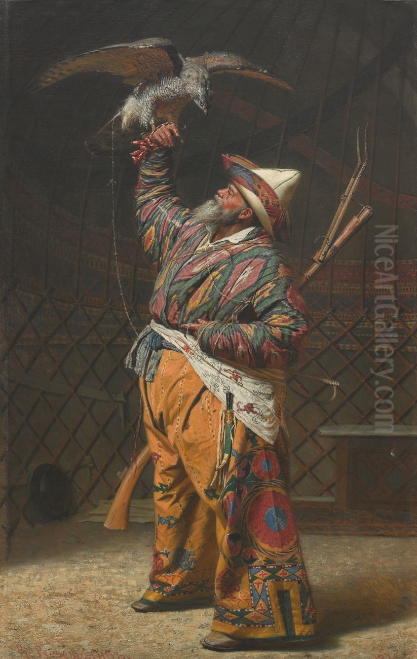 A Rich Kirghiz Huntsman with a Falcon Oil Painting by Vasily Vereshchagin
