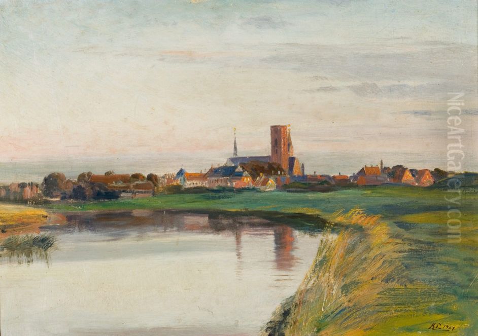 Ribe seen from the West Oil Painting by Knud Larsen