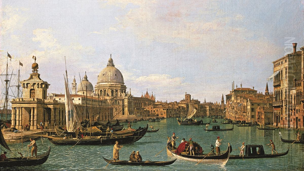 The Entrance to the Canal Grande at the Punta della Dogana and the Santa Maria della Salute Oil Painting by Canaletto