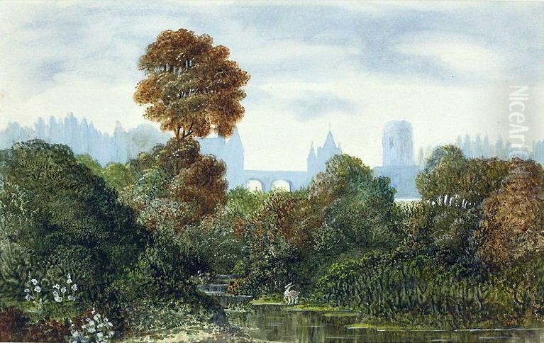 Landscape with a castle and a roe-deer. Oil Painting by George (nee Dupin) Sand