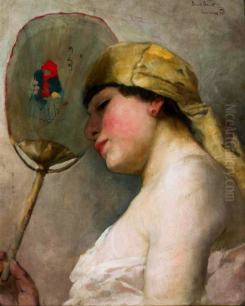 Woman with a fan. Oil Painting by Ludwik Stasiak