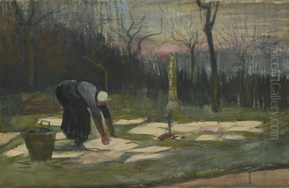 Woman spreading out laundry on a field Oil Painting by Vincent Van Gogh