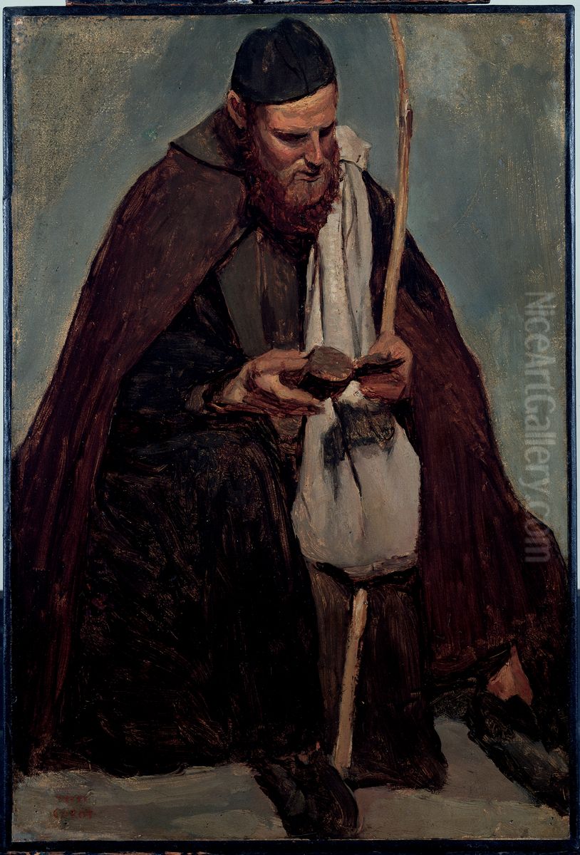 Moine italien assis, lisant (Seated Italian Monk Reading) Oil Painting by Jean-Baptiste Camille Corot