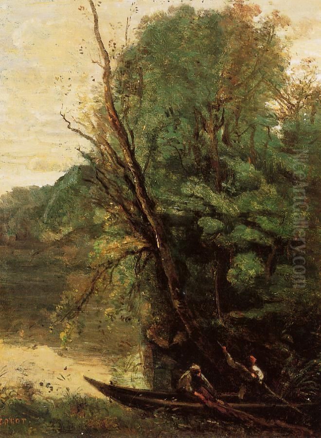Fishing with Nets, Evening Oil Painting by Jean-Baptiste Camille Corot