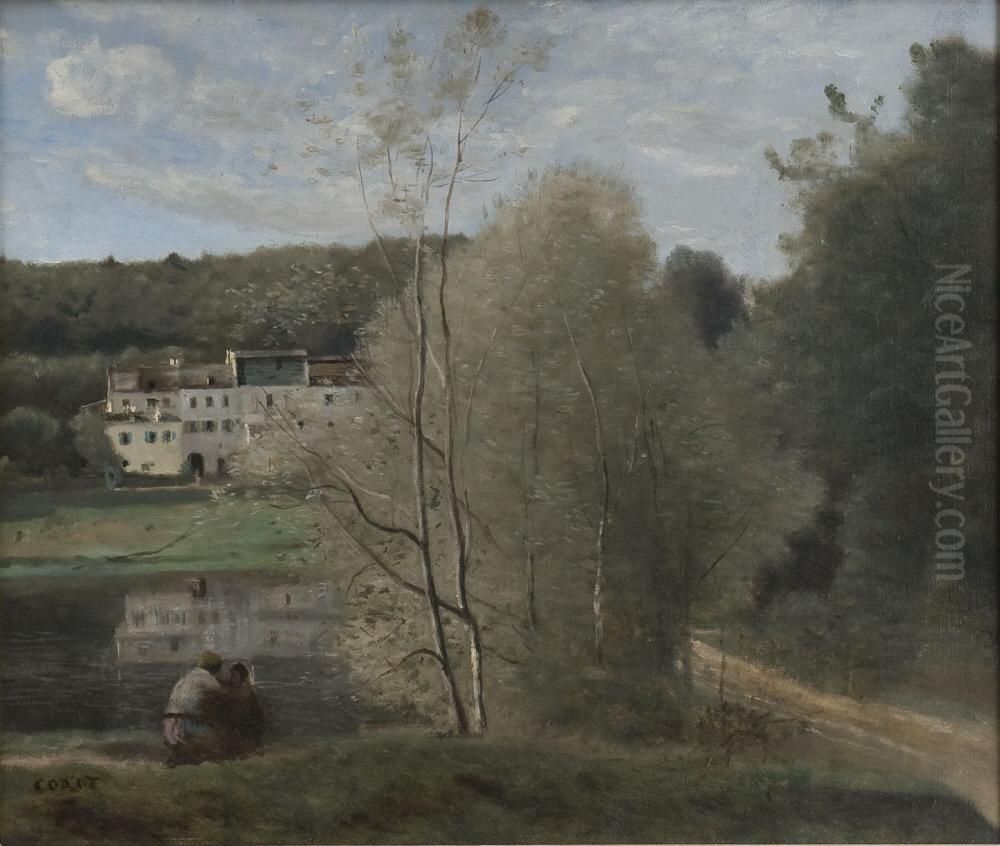 Pond and Cabassud House Oil Painting by Jean-Baptiste Camille Corot