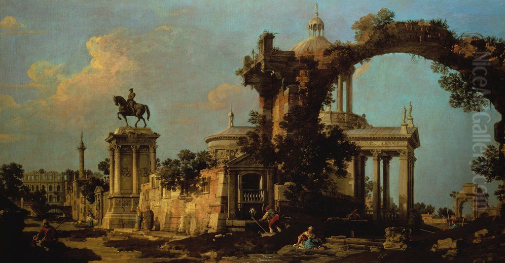 Capriccio of Roman Ruins with a Domed Church and the Colleoni Monument Oil Painting by Canaletto