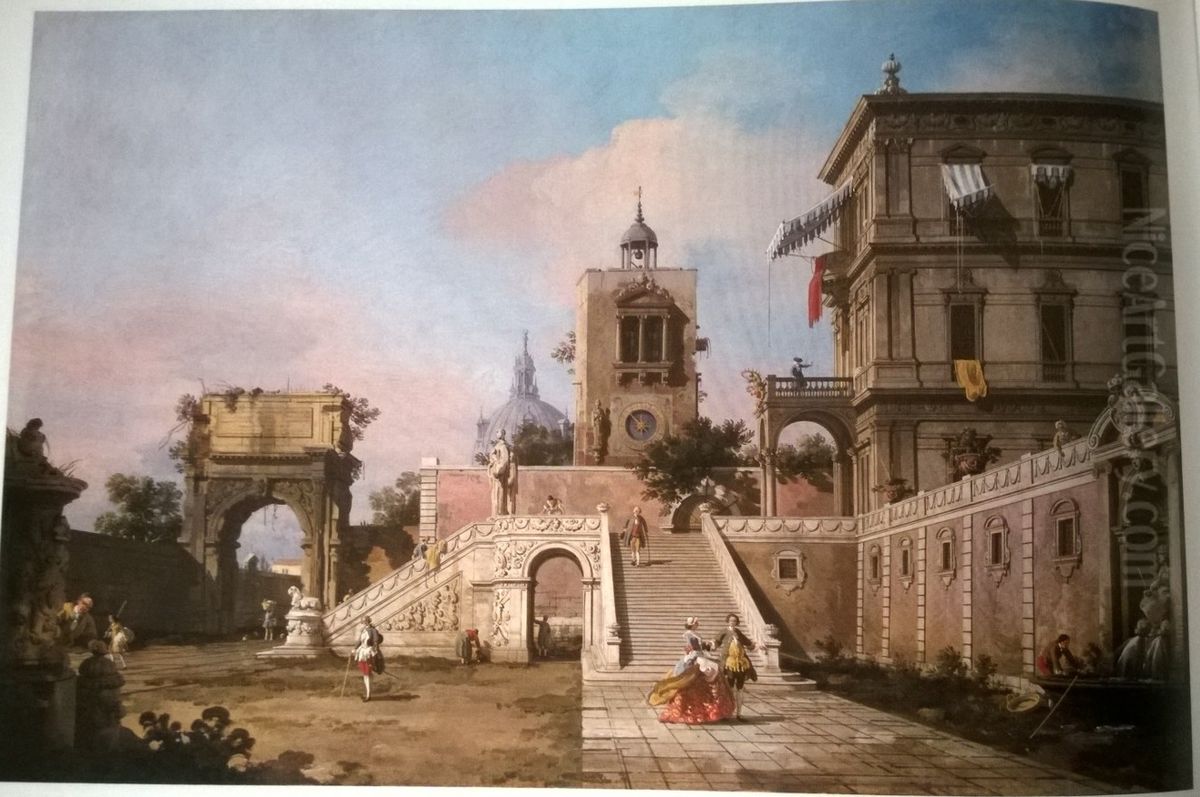 Capriccio of a Renaissance Palazzo with a monumental Staircase, a Clock Tower and the Arch of Titus beyond Oil Painting by Canaletto