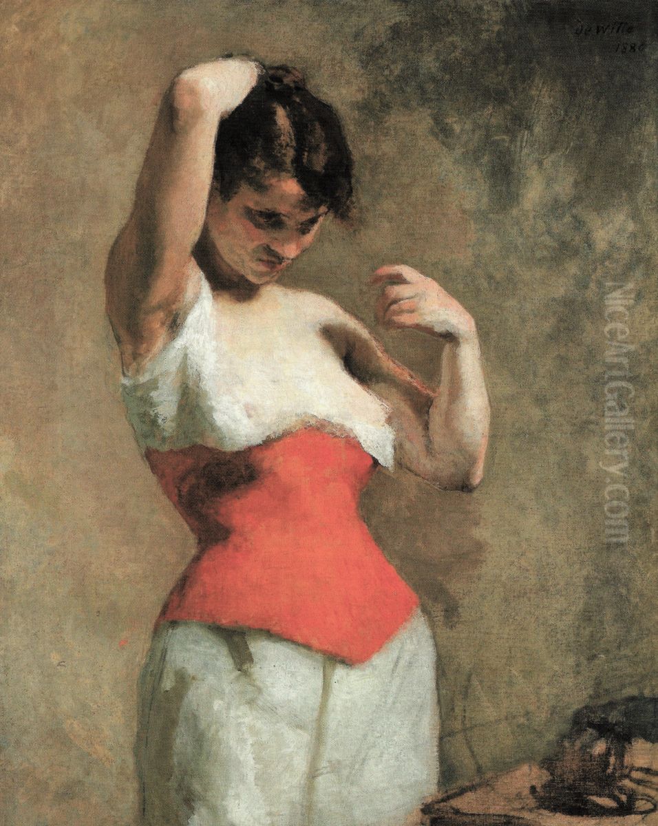Femme au corset rouge Oil Painting by Adrien De Witte