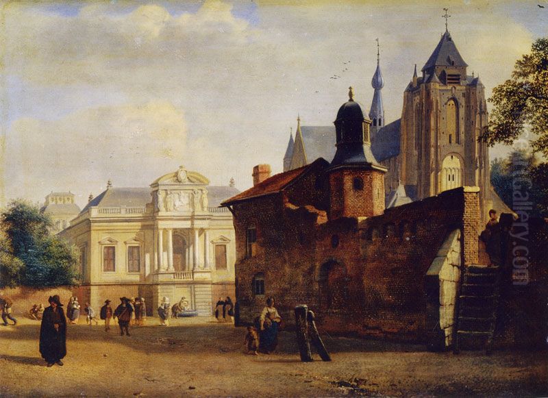 The Great Church of Veere with a Fantasy Villa Oil Painting by Jan Van Der Heyden