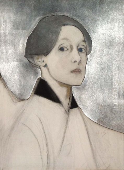 Hopeataustainen omakuva Oil Painting by Helene Schjerfbeck