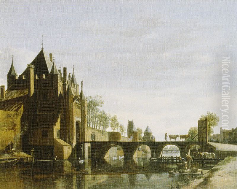 View of the Grote Houtpoort, Haarlem Oil Painting by Gerrit Adriaenszoon Berckheyde