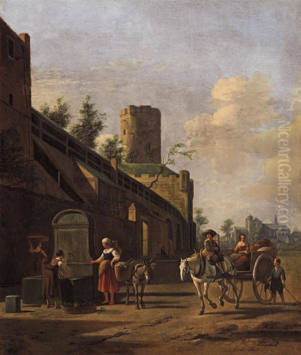 City wall of Cologne with peasants and travellers nearby, the church of St. Pantaleon in the background Oil Painting by Gerrit Adriaenszoon Berckheyde