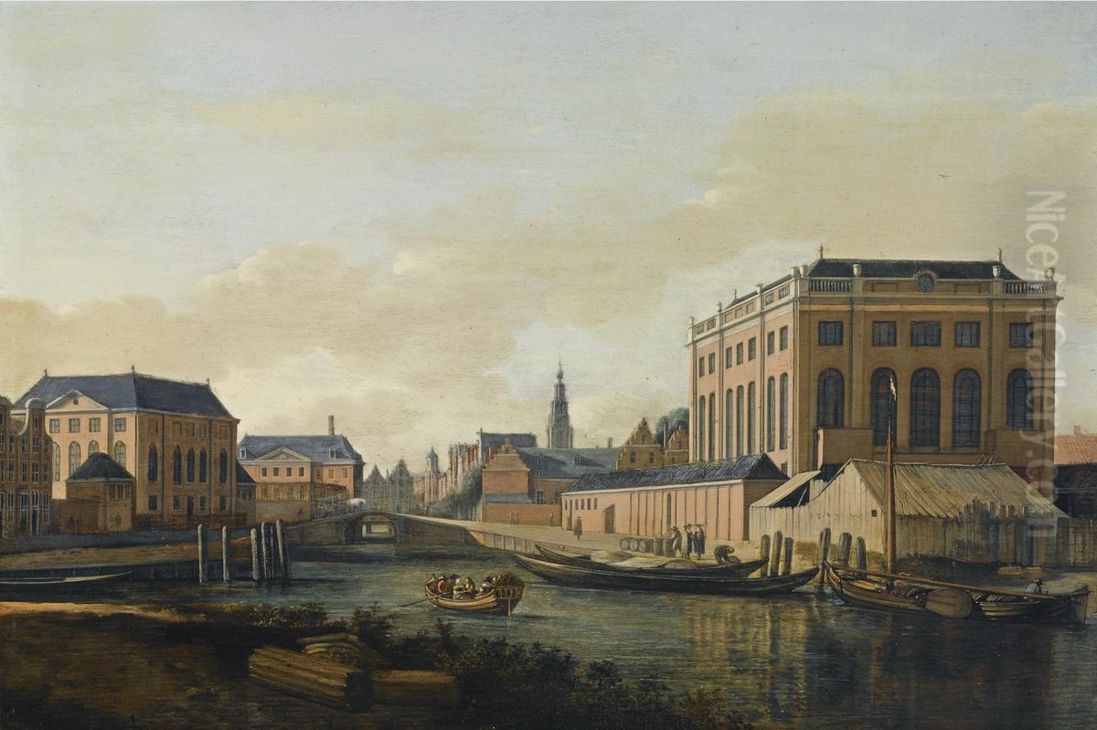 View of the Grat Synagogue and the Portugese Synagogue in Amsterdam, with the towers of the city hall and the Zuiderkerk Oil Painting by Gerrit Adriaenszoon Berckheyde