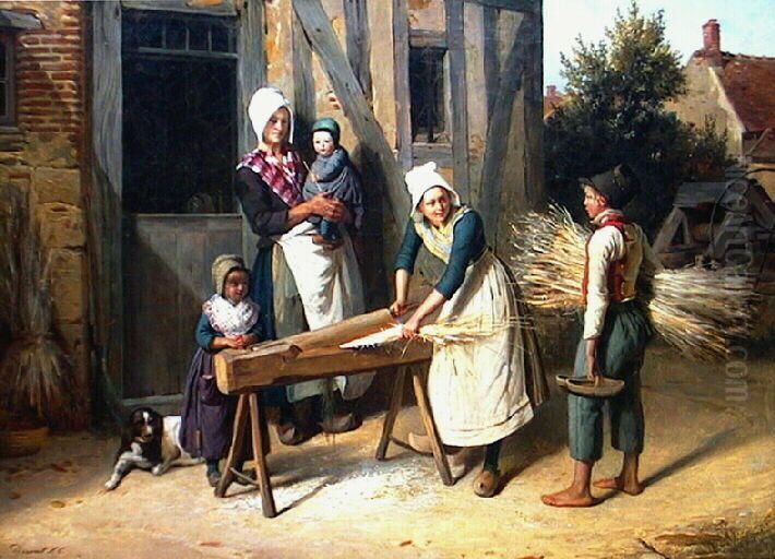 Paysans occupes a preparer le chanvre devant la porte d'une chaumiere Oil Painting by Pierre Duval Le Camus