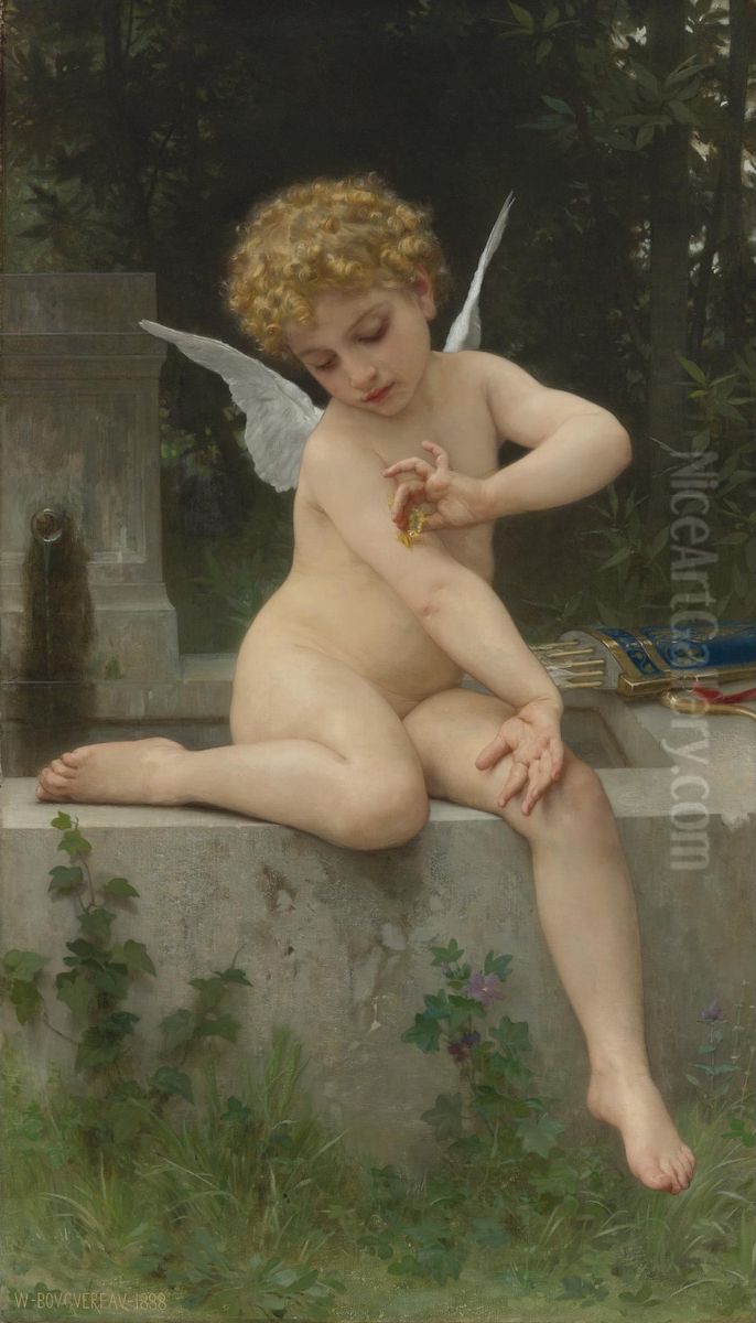 Cupid with a Butterfly Oil Painting by William-Adolphe Bouguereau