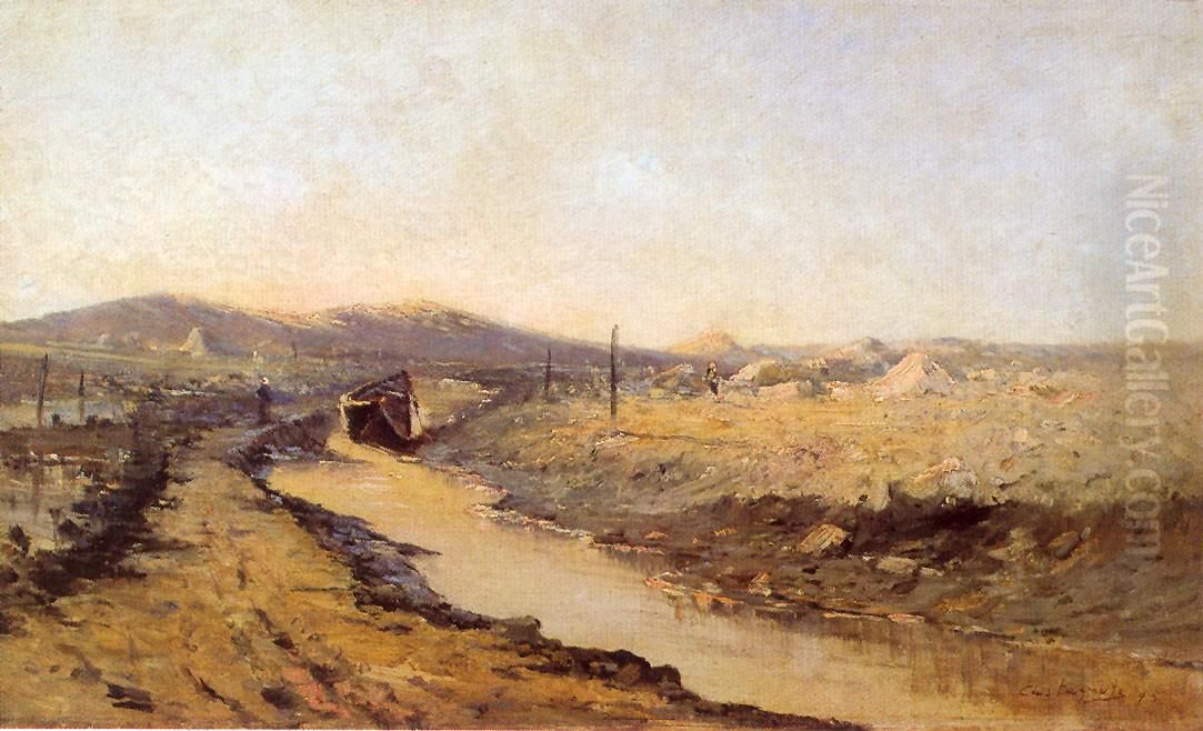 Landscape with a River and a Boat in Sao Paulo (Ponte Grande) Oil Painting by Giovanni Battista Castagneto