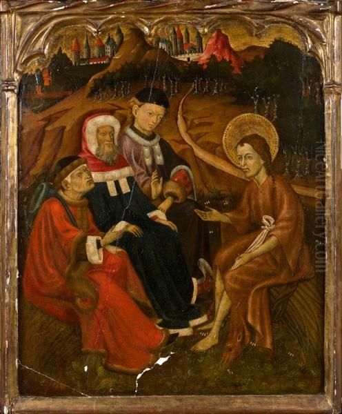 Taula de Sant Joan Baptista amb els sacerdots i levites que pertany al retaule dels Sant Joans de Vinaixa Oil Painting by Bernat Martorell