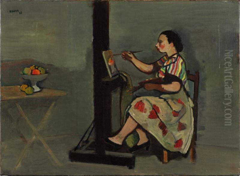 L'eleve au chevalet (Jeune fille peignant une nature morte) Oil Painting by Georges Kars