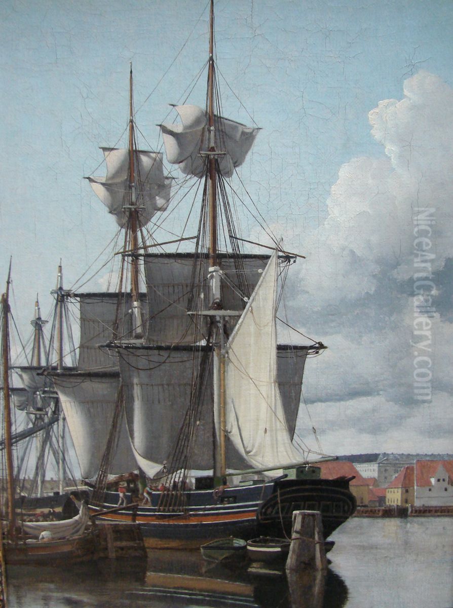 A View from Wilder's Wharf. A Ship unloading and drying Sails. Oil Painting by Christoffer Wilhelm Eckersberg