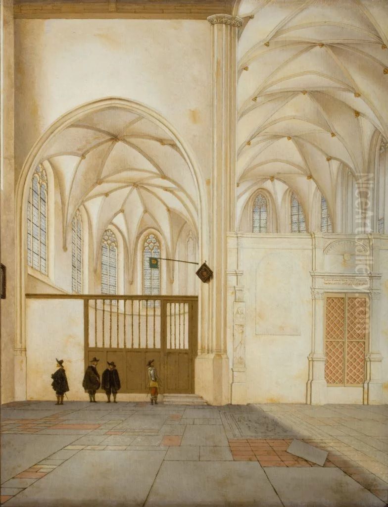 Interior of the Janskerk in Utrecht, the transept with the choir and the northern side choir, with the entrance to the library Oil Painting by Pieter Jansz Saenredam