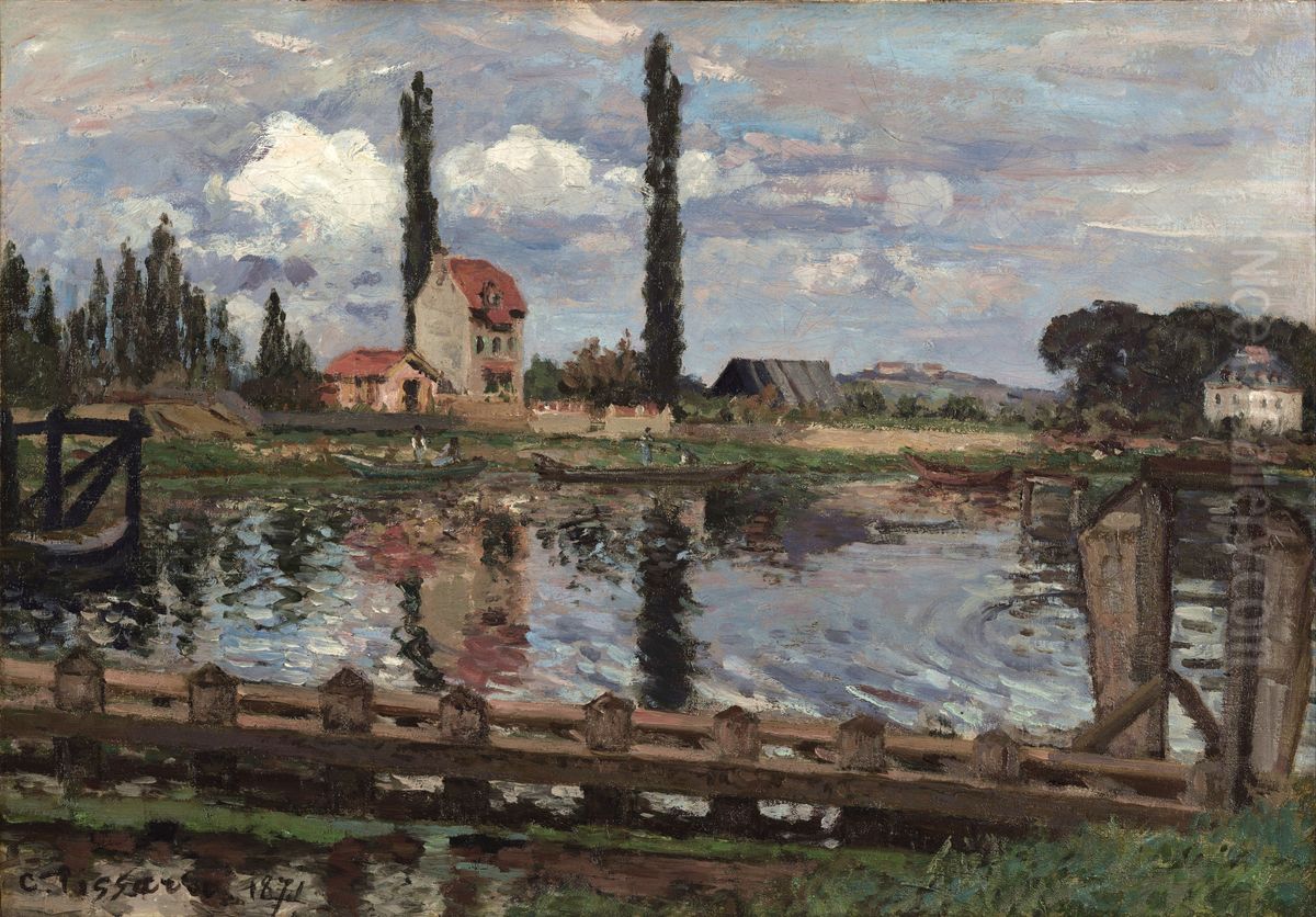 Au bord de la Seine a Port Marly Oil Painting by Camille Pissarro