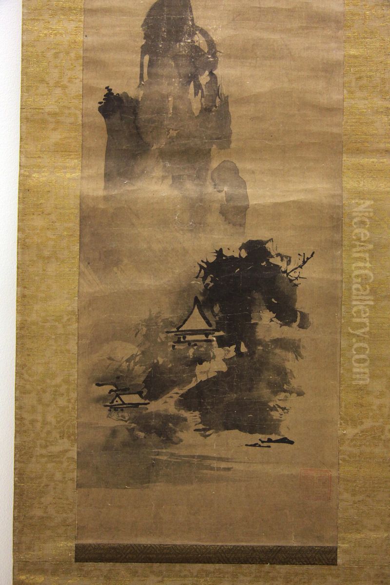 Temple in a rocky landscape Oil Painting by Sesshu Toya