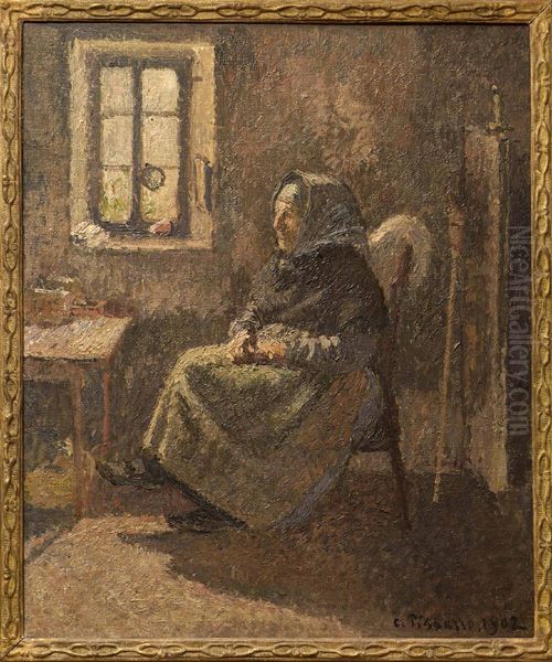 Paysanne assise interieur a moret Oil Painting by Camille Pissarro