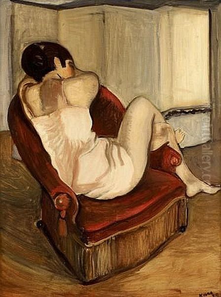 Georges Kars modele au fauteuil rouge Oil Painting by Georges Kars