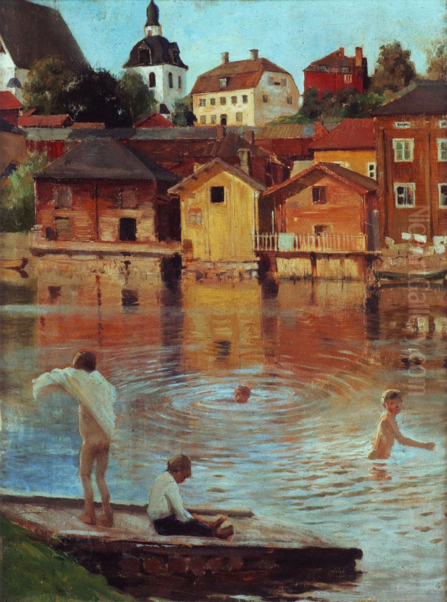 Boys Swimming in the Porvoonjoki River Oil Painting by Albert Edelfelt