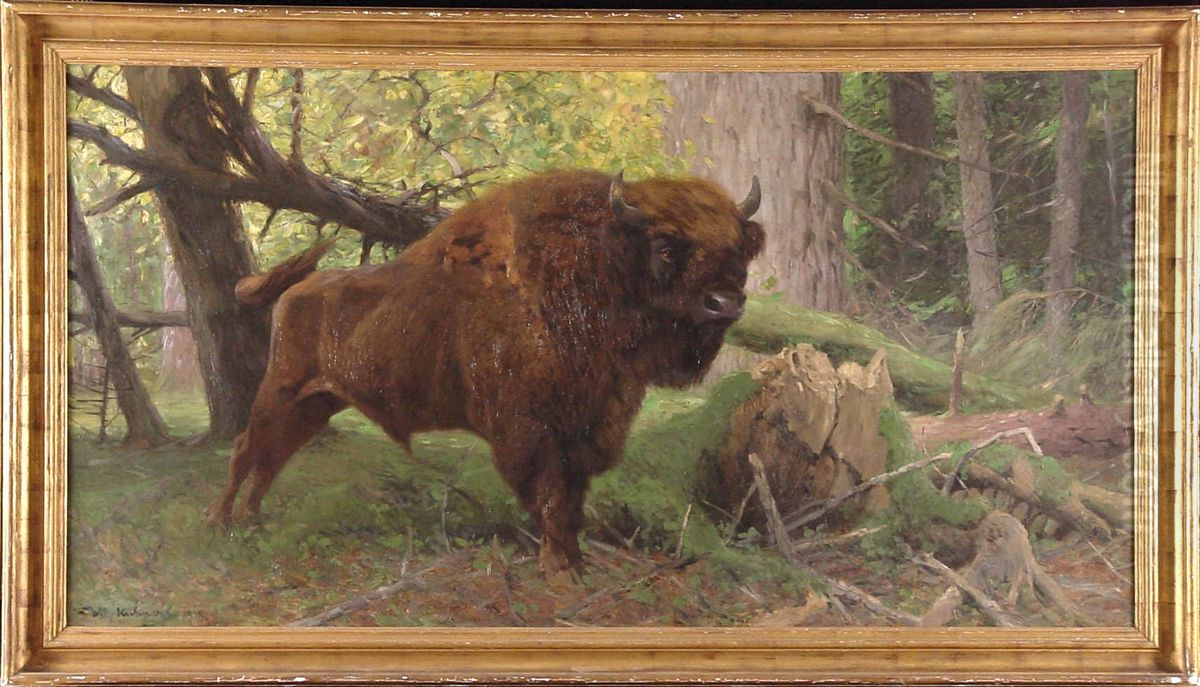 Wisentstier in het woud van Bialowicza, Polen Oil Painting by Wilhelm Kuhnert