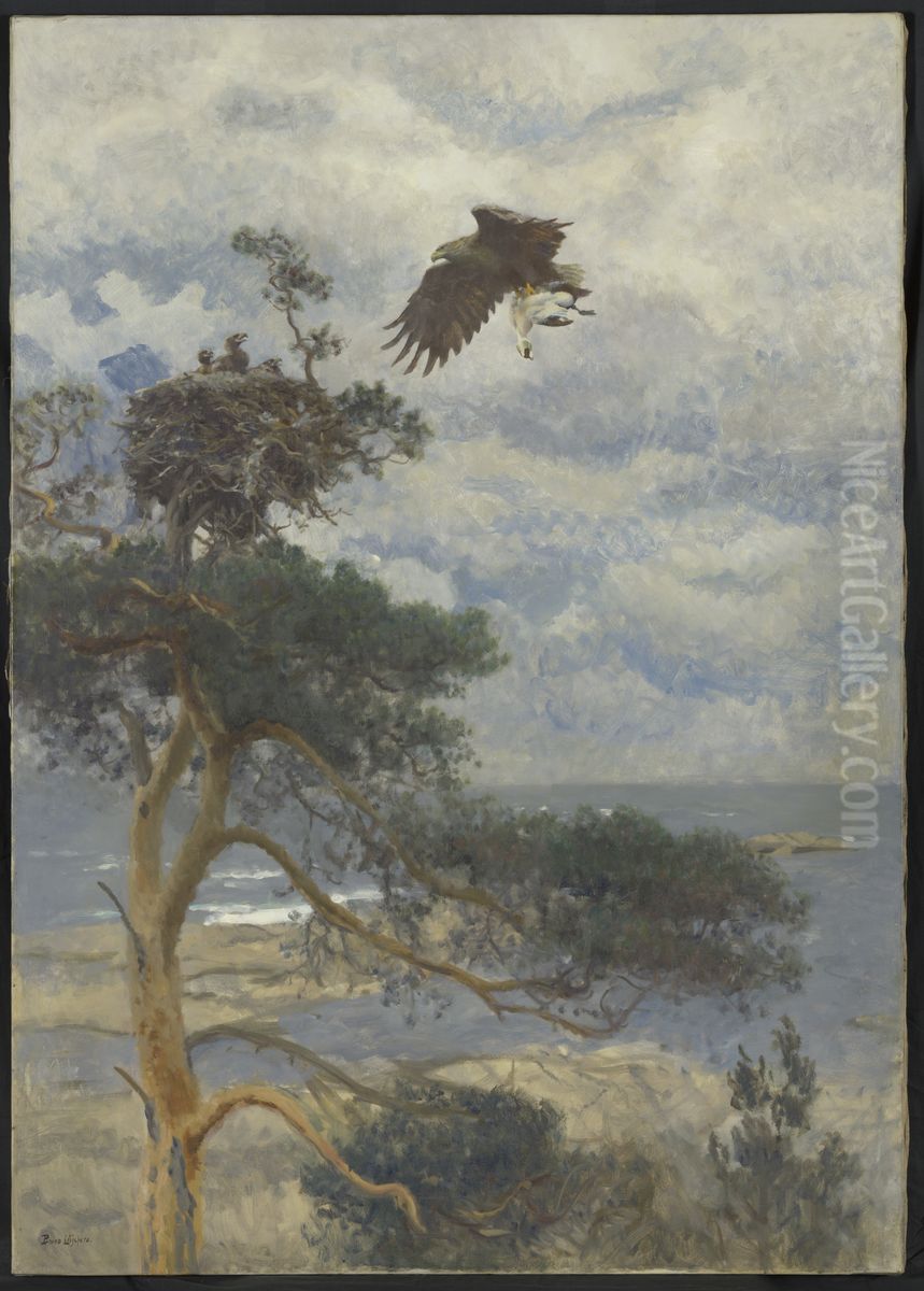Zeearend met eindereend-woerd als prooi bij zijn horst aan de kust Oil Painting by Bruno Andreas Liljefors