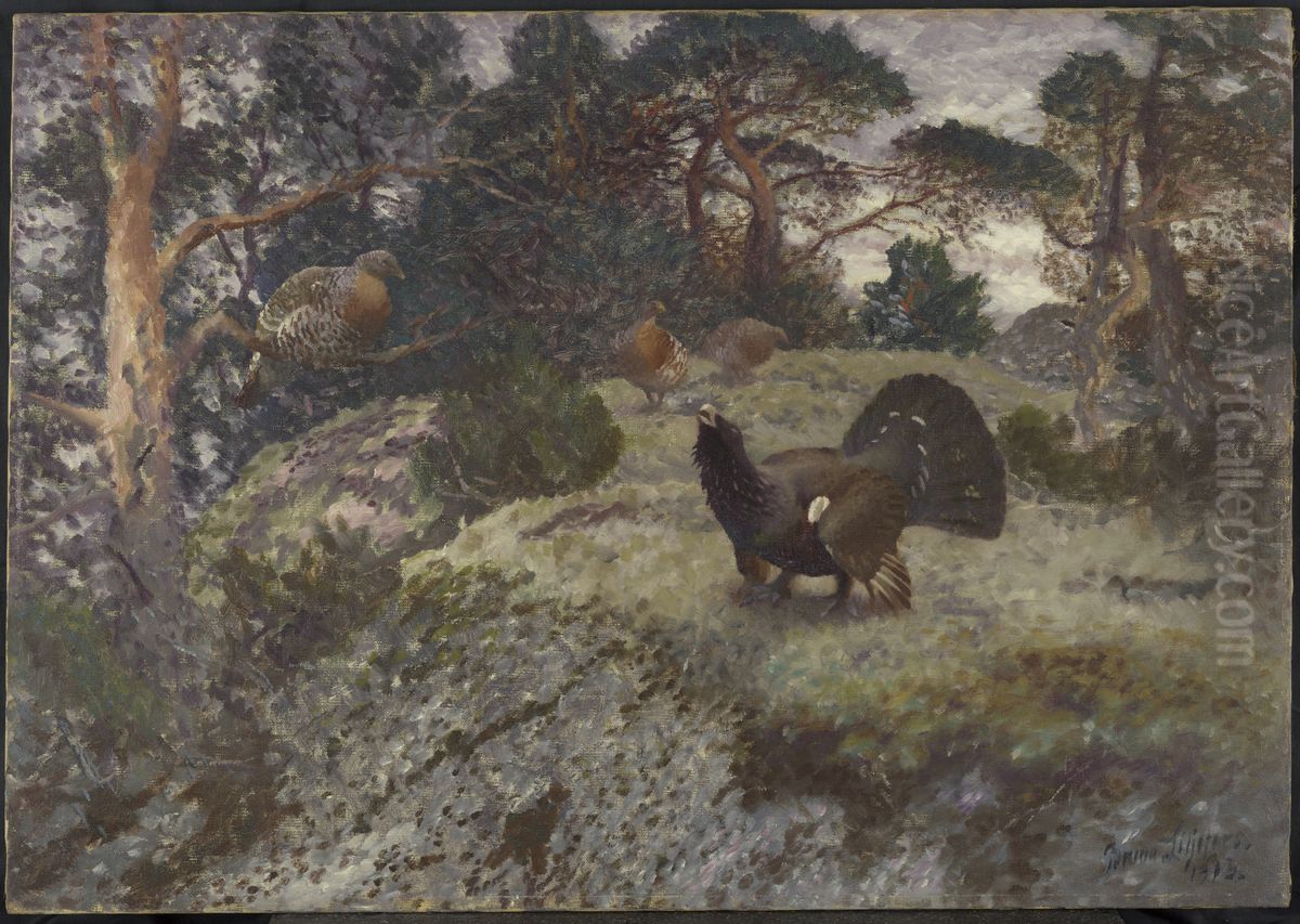Bolderende auerhaan met drie hennen Oil Painting by Bruno Andreas Liljefors