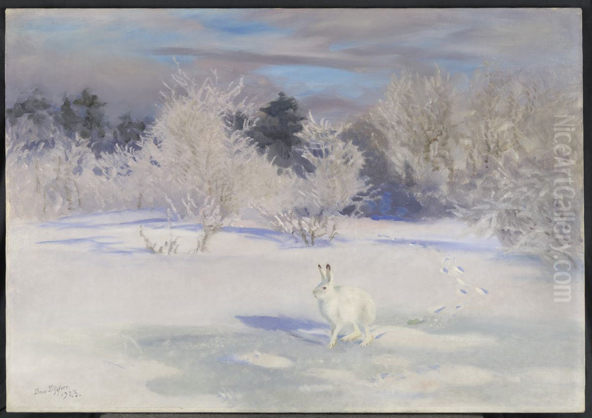 Winterlandschap met sneeuwhaas Oil Painting by Bruno Andreas Liljefors