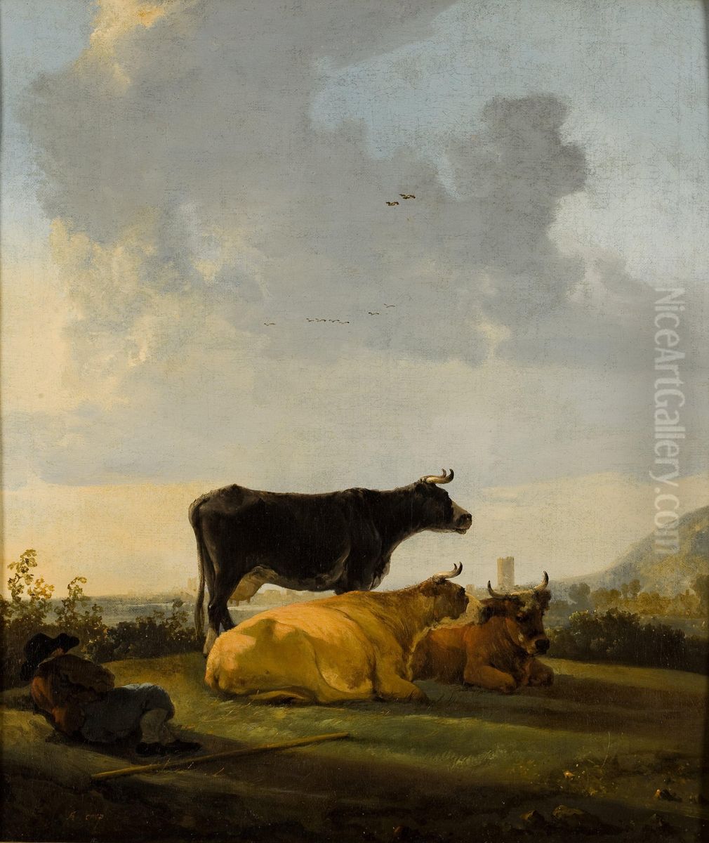 Landscape with three cows and a cowherdNederlands:Landschap met drie koeien en een herder Oil Painting by Aelbert Cuyp