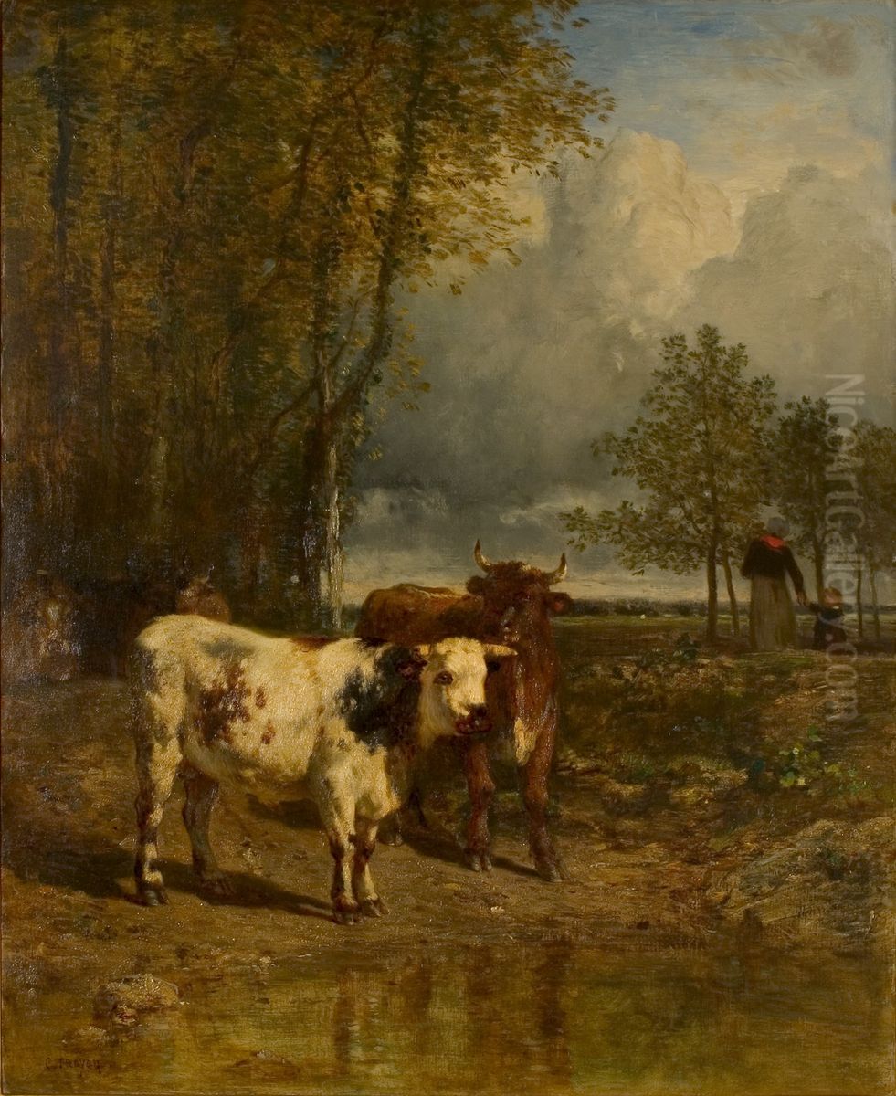 Vee bij een drinkplaats Oil Painting by Constant Troyon