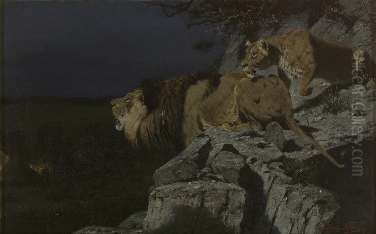 Leeuwenpaar loerend naar nachtelijk kampvuur Oil Painting by Richard Friese
