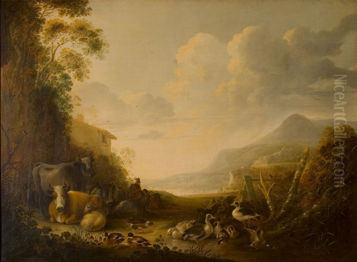 Landschap met vee en eenden Oil Painting by Gijsbert d'Hondecoeter