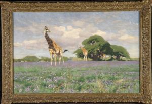 Giraffen in bloeiende Ulanga-vlakte, Tanzania, Afrika Giraffen in bloeiende Ulanga-vlakte, Tanzania, Afrika
