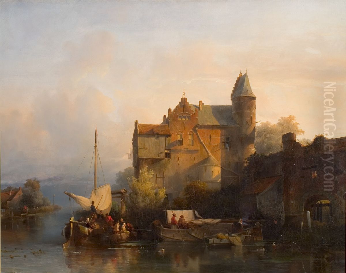 Rivierlandschap met gebouw en waterpoort Oil Painting by Solomon Leonard Verveer