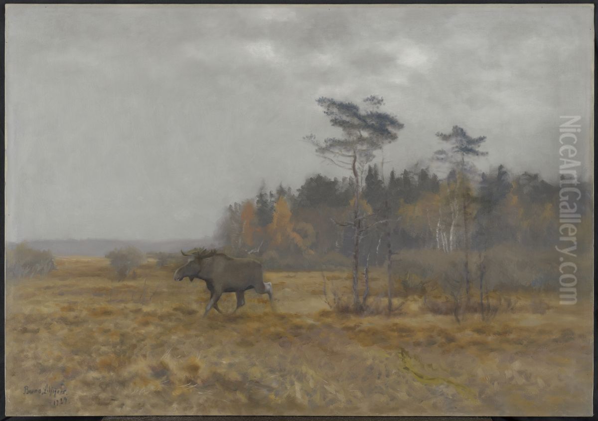Moose shifting across a swamp in Sweden Oil Painting by Bruno Andreas Liljefors