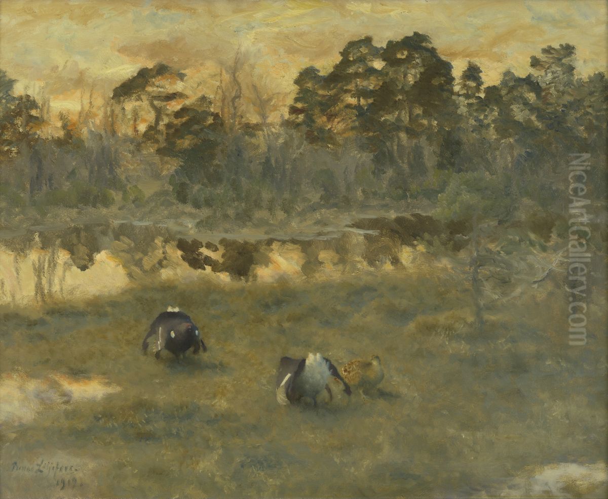 Bolderende korhanen met hen Oil Painting by Bruno Andreas Liljefors