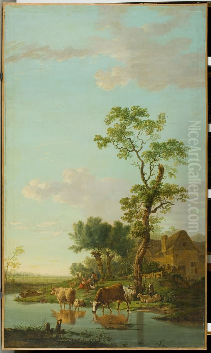Landschap met in een plas wadende koeien Oil Painting by Jacob van Strij