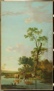 Landschap met in een plas wadende koeien