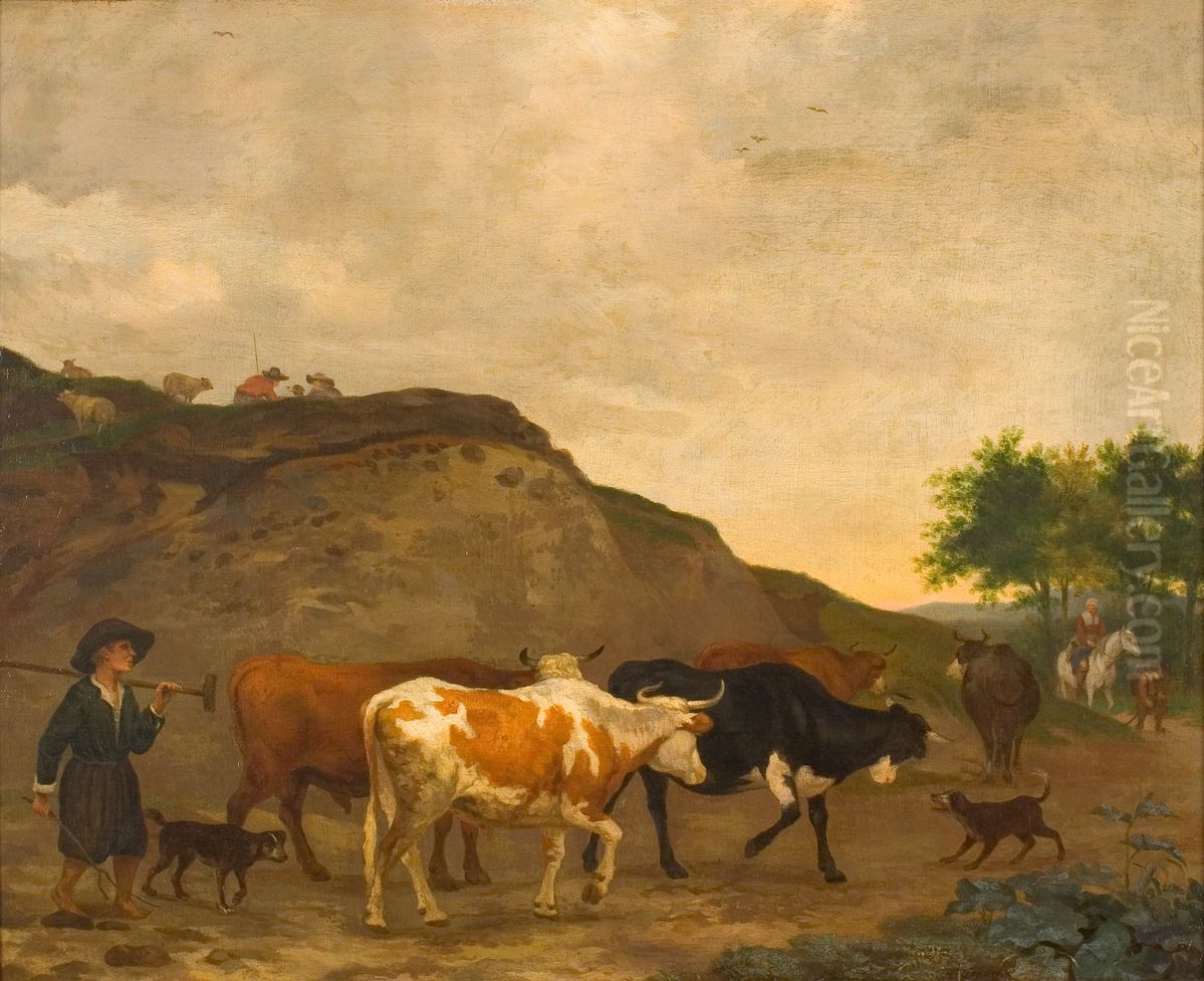 Landschap met vee op een zandweg Oil Painting by Hendrick ten Oever