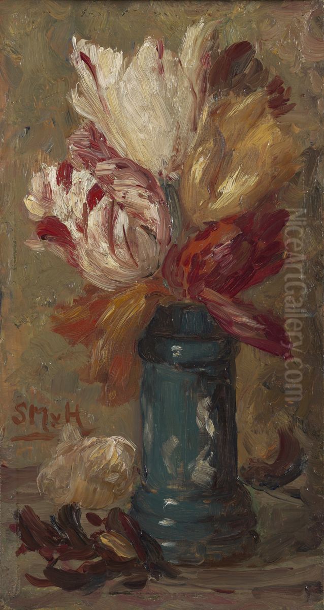 Tulpen in een groene Albarello Oil Painting by Sina Mesdag-van Houten