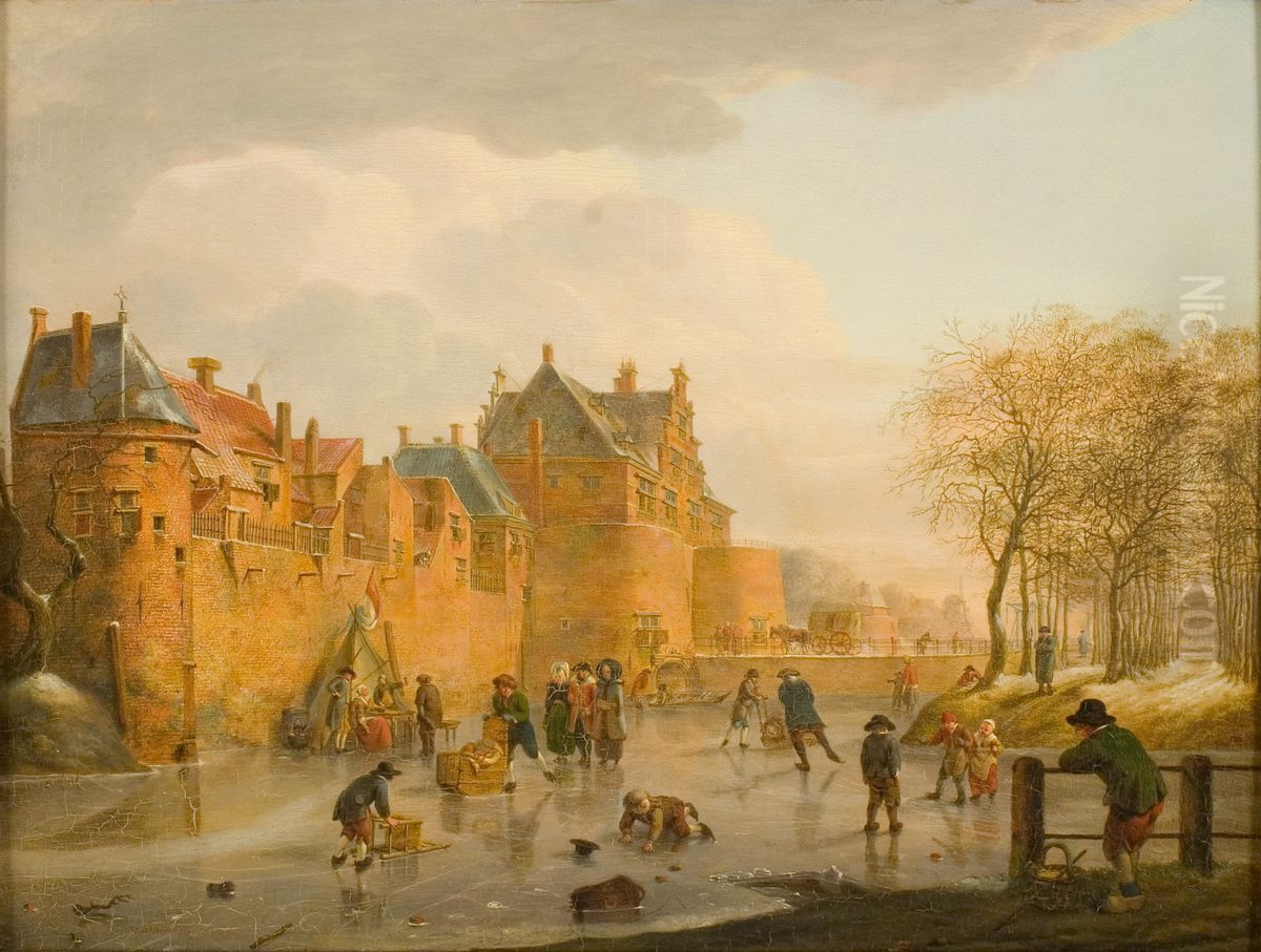 Wintergezicht op de Waterslootspoort te Delft Oil Painting by Johannes Huibert Prins